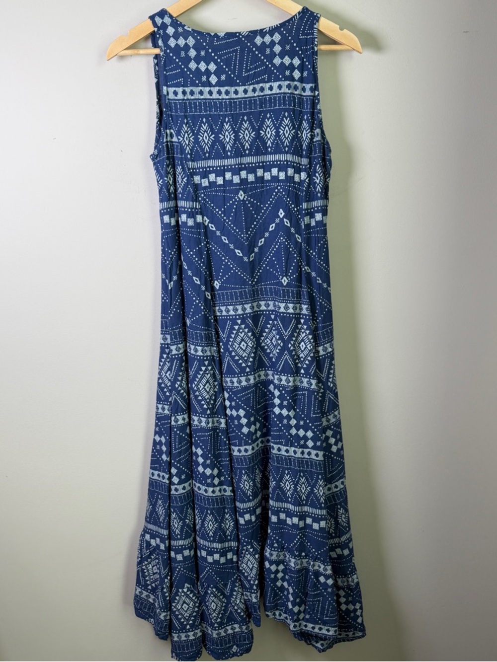 Fat Face UK Indigo Blue Geometric Print Midi Dress Tiered Hi-Low Viscose Size 6 - Picture 9 of 10